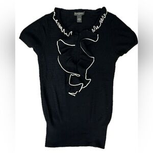 Banana Republic Navy Blue Knit Top with White Ruffle Trim